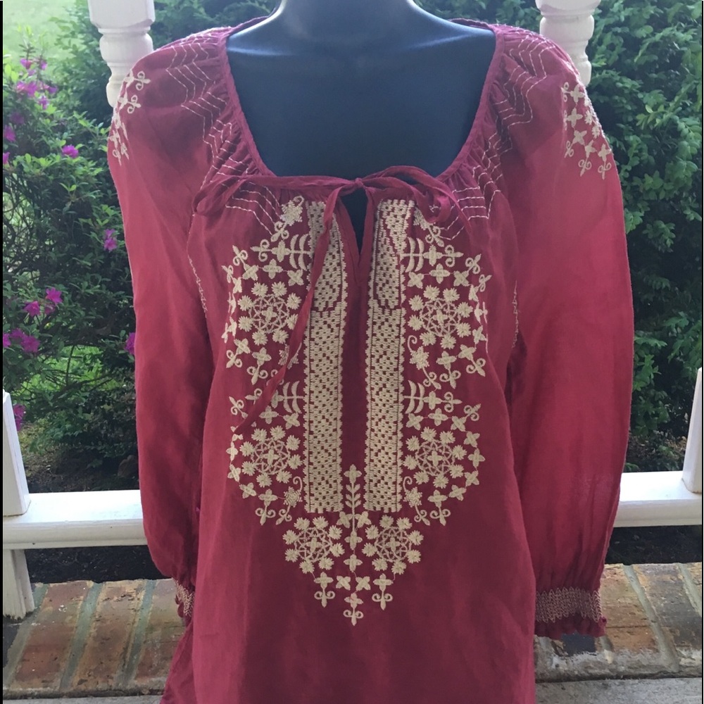 Monoreno Boutique Boho Top S Berry silk cotton blend embroidery peasant boho